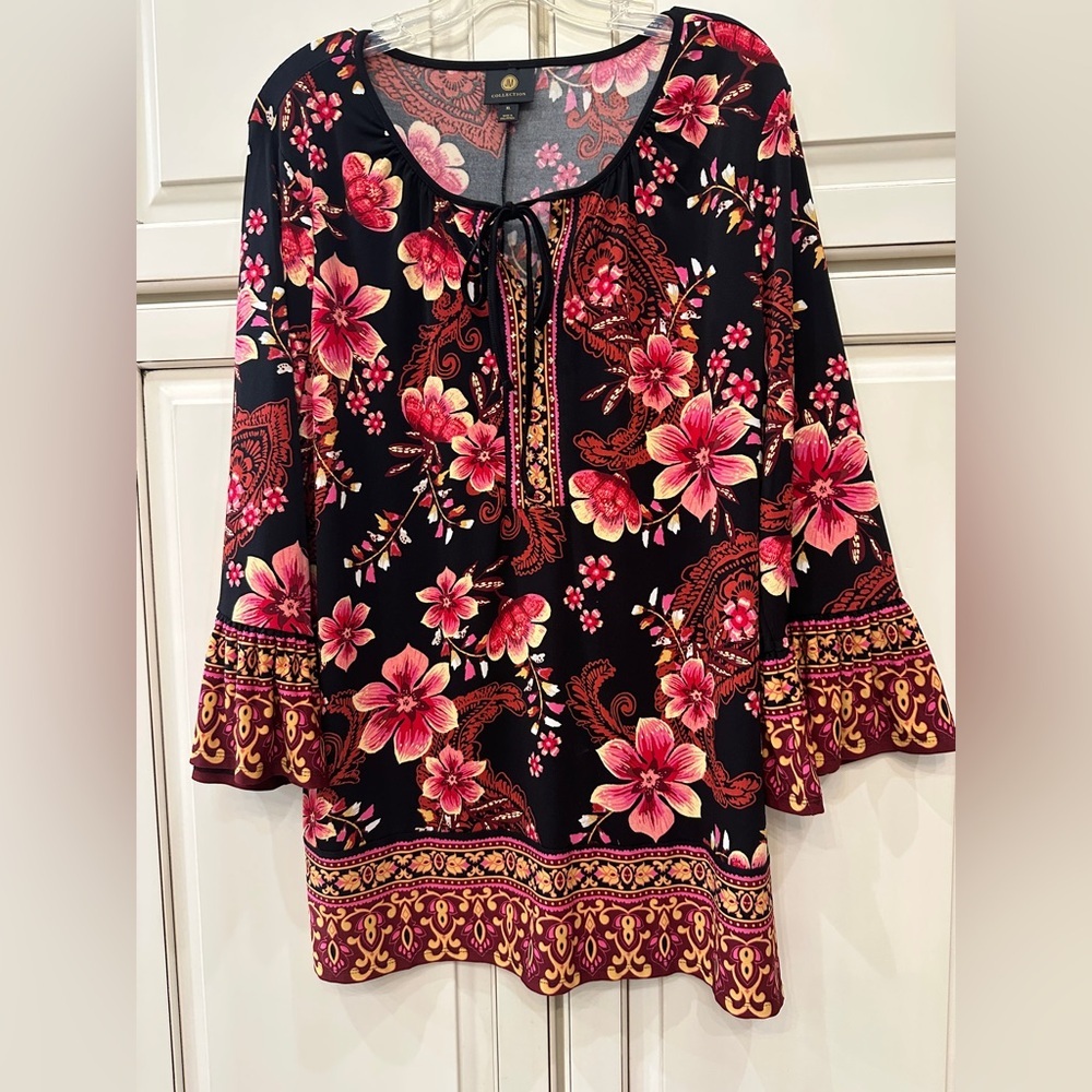 JM Collection Black and Pink Floral Blouse